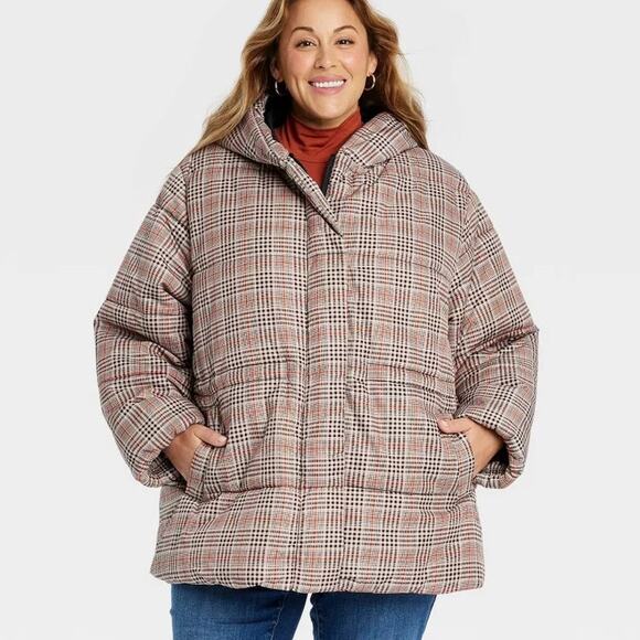 Ava & Viv Mid Length Puffer Jacket SZ 1X Tan Black Orange Hooded Snap Full Zip - Picture 2 of 14